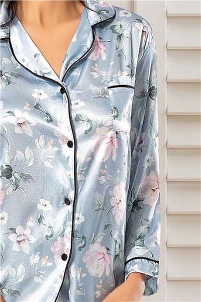 XSES 2000 Kadın Uzun Kollu Saten Empirme Pijama Takımı-Mavi