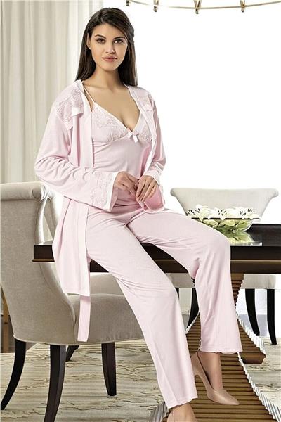 XSES 2030 Kadın Sabahlıklı Pijama Takım-Pudra