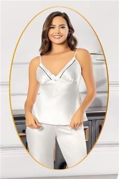 XSES 2101 Kadın Saten Sabahlıklı Pijama Takım-Ekru