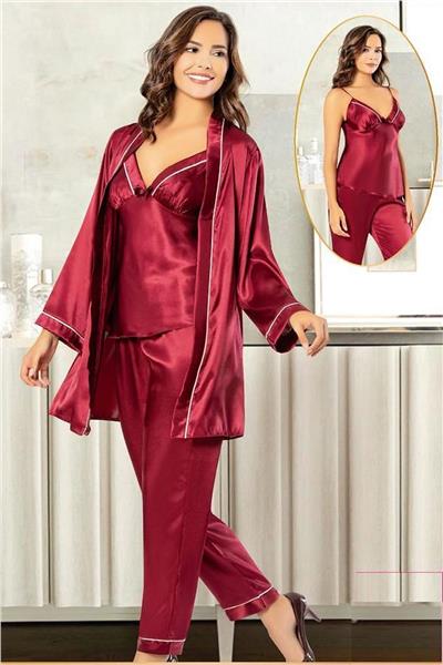 XSES 2101 Kadın Saten Sabahlıklı Pijama Takım-Bordo