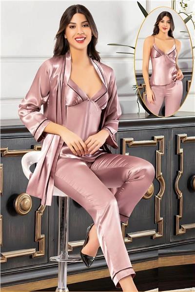 XSES 2101 Kadın Saten Sabahlıklı Pijama Takım-Vizon