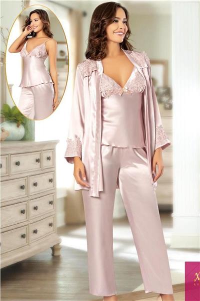 XSES 2102 Kadın Saten Sabahlıklı Pijama Takım-Pudra
