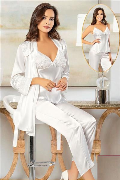 XSES 2102 Kadın Saten Sabahlıklı Pijama Takım-Ekru