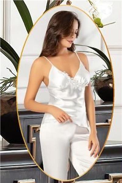 XSES 2103 Kadın Saten Sabahlıklı Pijama Takım-Ekru
