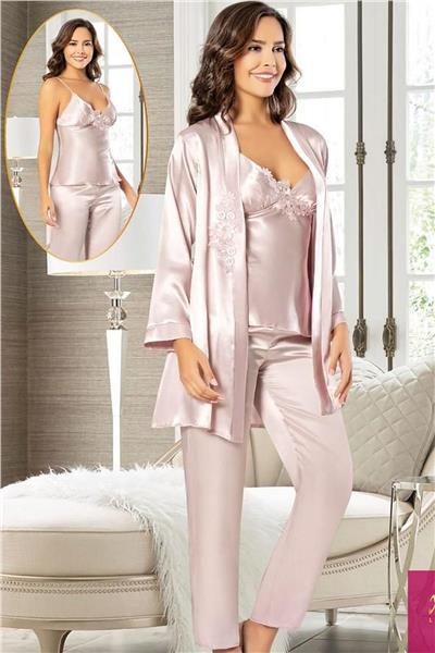 XSES 2103 Kadın Saten Sabahlıklı Pijama Takım-Pudra