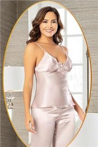 XSES 2103 Kadın Saten Sabahlıklı Pijama Takım-Pudra