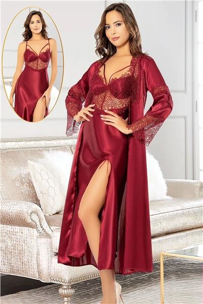 XSES 2104 Kadın Saten Sabahlıklı Gecelik Takım-Bordo
