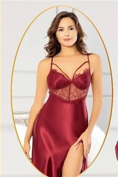 XSES 2104 Kadın Saten Sabahlıklı Gecelik Takım-Bordo