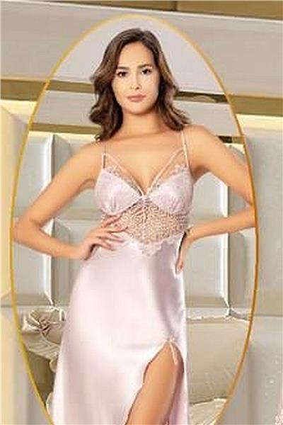 XSES 2104 Kadın Saten Sabahlıklı Gecelik Takım-Pudra