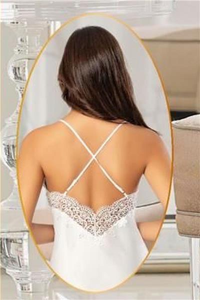 XSES 2104 Kadın Saten Sabahlıklı Gecelik Takım-Ekru