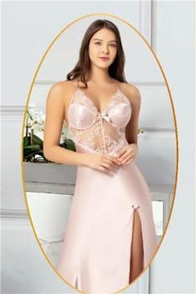 XSES 2110 Kadın Saten Sabahlıklı Gecelik Takım-Pudra