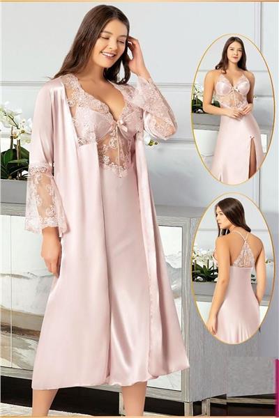 XSES 2110 Kadın Saten Sabahlıklı Gecelik Takım-Pudra