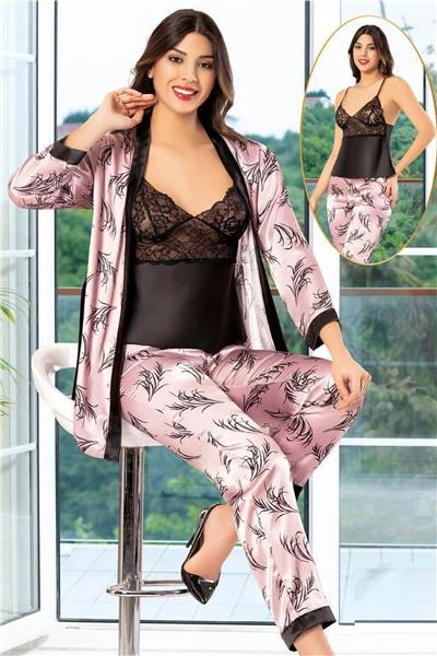 XSES 2150 Kadın Saten Empirme Sabahlıklı Pijama Takım-Pembe