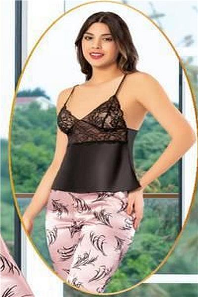 XSES 2150 Kadın Saten Empirme Sabahlıklı Pijama Takım-Pembe