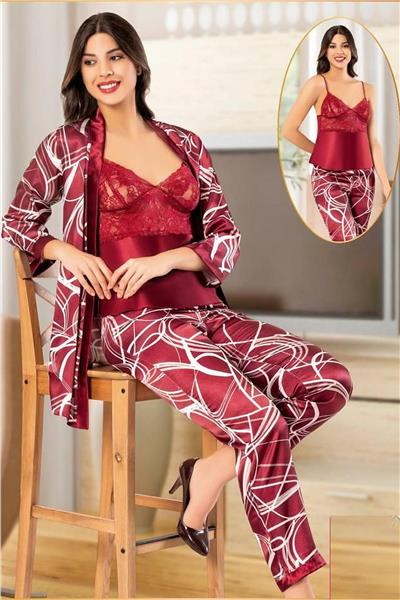XSES 2151 Kadın Saten Empirme Sabahlıklı Pijama Takım-Bordo