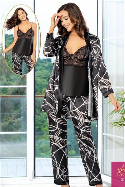XSES 2151 Kadın Saten Empirme Sabahlıklı Pijama Takım-Siyah
