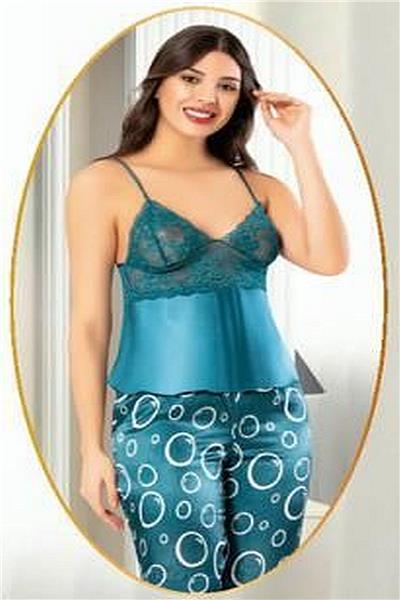 XSES 2152 Kadın Saten Empirme Sabahlıklı Pijama Takım-Petrol