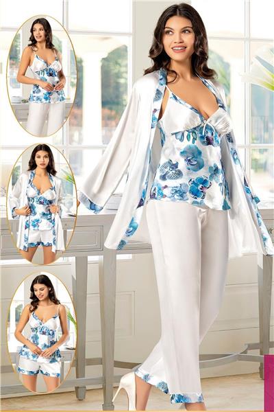 XSES 2155 Kadın Saten Empirme Sabahlıklı 4lü Pijama Takım-Mavi