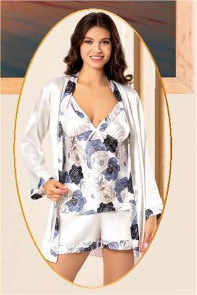 XSES 2155 Kadın Saten Empirme Sabahlıklı 4lü Pijama Takım-Lacivert