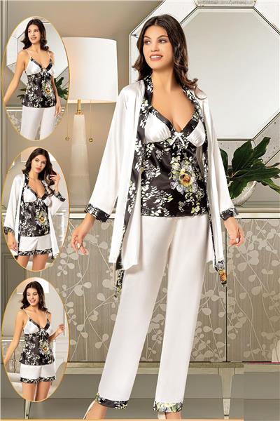 XSES 2155 Kadın Saten Empirme Sabahlıklı 4lü Pijama Takım-Siyah