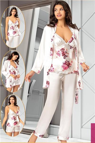 XSES 2155 Kadın Saten Empirme Sabahlıklı 4lü Pijama Takım-Gülkurusu