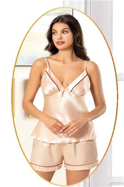 XSES 2156 Kadın Saten Empirme Sabahlıklı Şort Takım-Somon