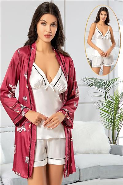 XSES 2156 Kadın Saten Empirme Sabahlıklı Şort Takım-Bordo