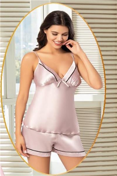 XSES 2156 Kadın Saten Empirme Sabahlıklı Şort Takım-Gülkurusu