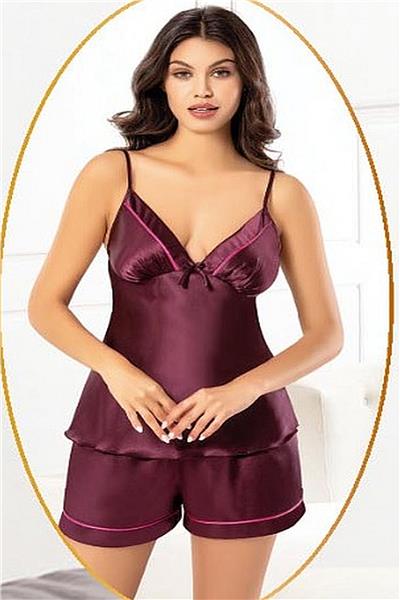XSES 2156 Kadın Saten Empirme Sabahlıklı Şort Takım-Mürdüm