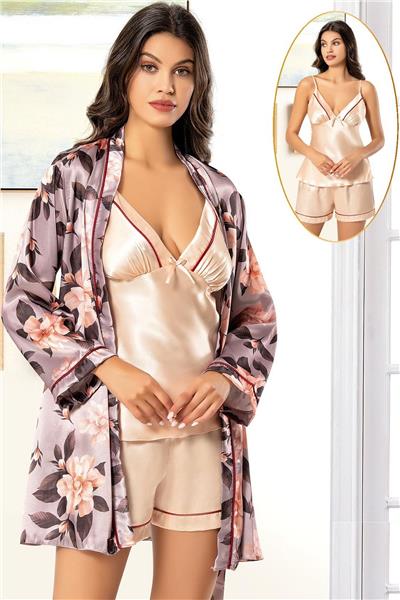 XSES 2156 Kadın Saten Empirme Sabahlıklı Şort Takım-Somon