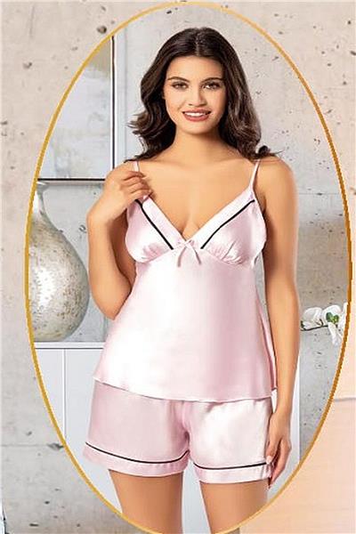 XSES 2156 Kadın Saten Empirme Sabahlıklı Şort Takım-Pembe