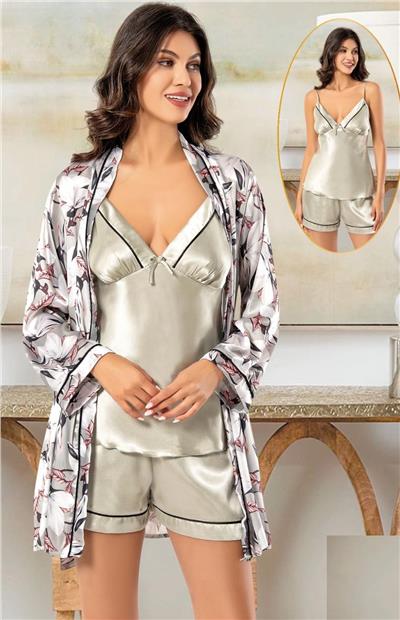 XSES 2156 Kadın Saten Empirme Sabahlıklı Şort Takım-Gri