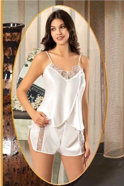 XSES 2165 Kadın Saten Empirme Sabahlıklı 4lü Pijama Takım-Ekru