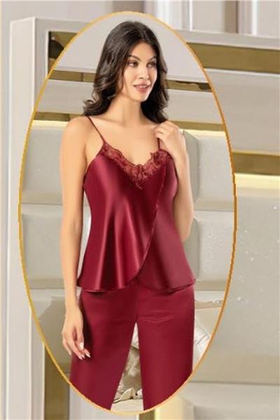 XSES 2165 Kadın Saten Empirme Sabahlıklı 4lü Pijama Takım-Bordo