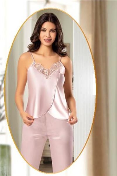 XSES 2165 Kadın Saten Empirme Sabahlıklı 4lü Pijama Takım-Pudra
