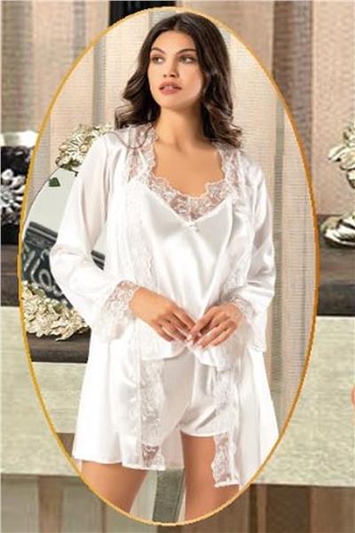 XSES 2165 Kadın Saten Empirme Sabahlıklı 4lü Pijama Takım-Ekru