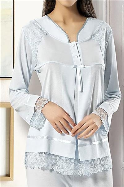 XSES 2180 Kadın Uzun Kolu Hamile Lohusa Pijama Takımı-Mavi