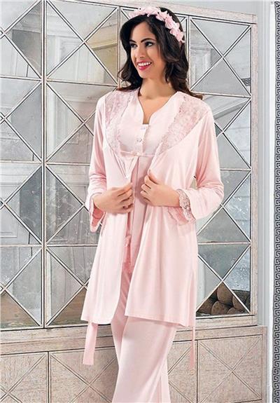 XSES 2190 Kadın Hamile Lohusa Sabahlıklı Pijama Takım-Pudra