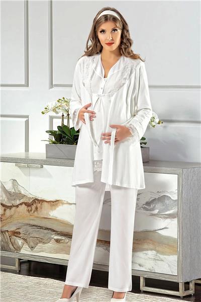 XSES 2190 Kadın Hamile Lohusa Sabahlıklı Pijama Takım-Ekru