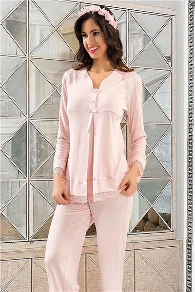 XSES 2190 Kadın Hamile Lohusa Sabahlıklı Pijama Takım-Pudra