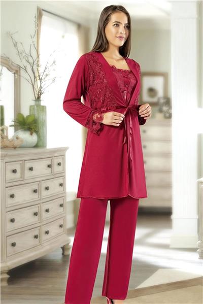XSES 2195 Kadın Hamile Lohusa Sabahlıklı Pijama Takım-Bordo