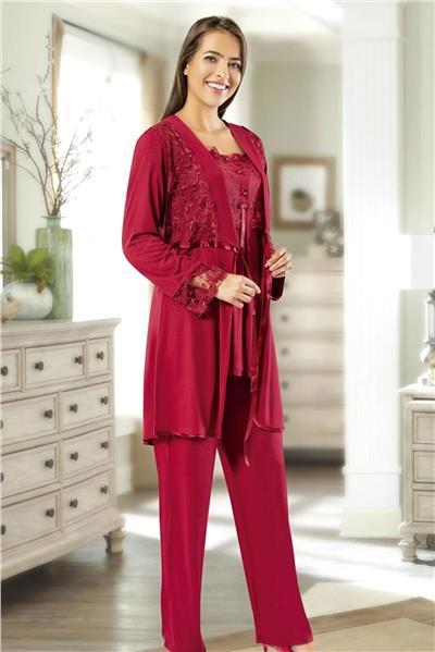 XSES 2195 Kadın Hamile Lohusa Sabahlıklı Pijama Takım-Bordo