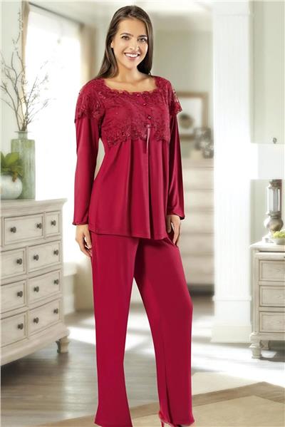 XSES 2195 Kadın Hamile Lohusa Sabahlıklı Pijama Takım-Bordo