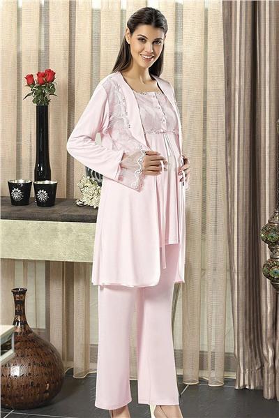 XSES 2195 Kadın Hamile Lohusa Sabahlıklı Pijama Takım-Pudra