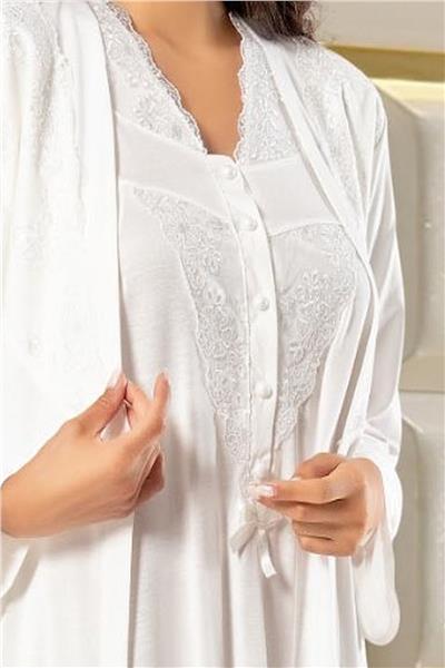 XSES 2370 Kadın Hamile Lohusa Sabahlıklı Gecelik Takım-Ekru