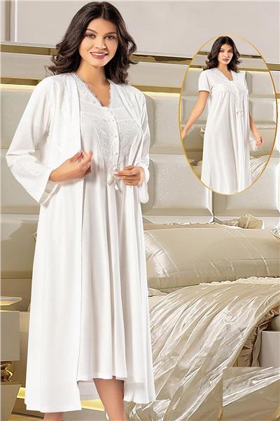 XSES 2370 Kadın Hamile Lohusa Sabahlıklı Gecelik Takım-Ekru