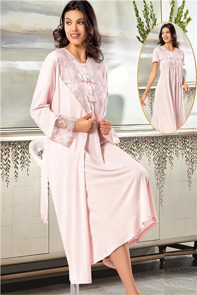 XSES 2375 Kadın Hamile Lohusa Sabahlıklı Gecelik Takım-Pudra
