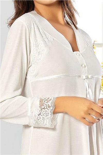 XSES 2550 Kadın Uzun Kollu Hamile Lohusa Gecelik-Ekru