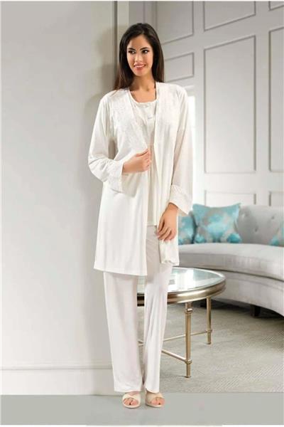 XSES 4001 Kadın Hamile Lohusa Sabahlıklı Pijama Takım-Ekru