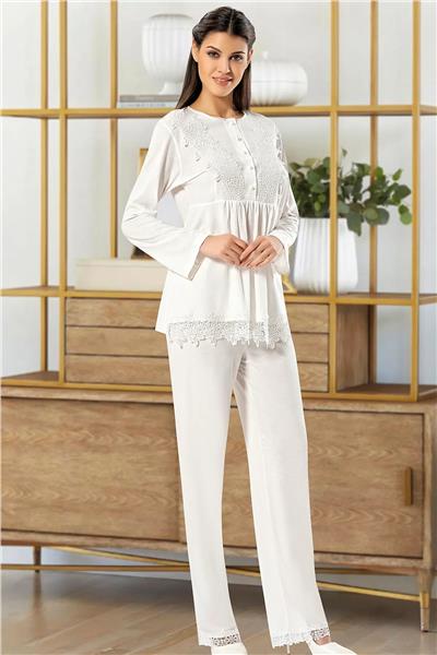 XSES 4100 Kadın Hamile Lohusa Sabahlıklı Pijama Takım-Ekru